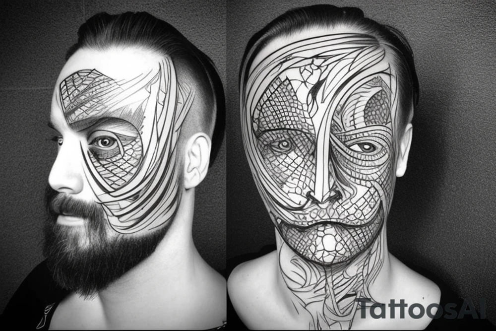 Imagine an outline of a human head or profile. Within this outline is a mirrored surface. In the mirror, there's a dark, ghostly reflection of the face, contrasting against the main form tattoo idea