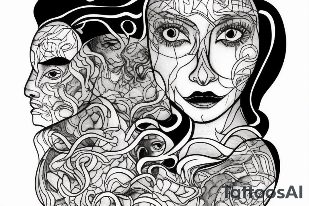 Imagine an outline of a human head or profile. Within this outline is a mirrored surface. In the mirror, there's a dark, ghostly reflection of the face, contrasting against the main form tattoo idea
