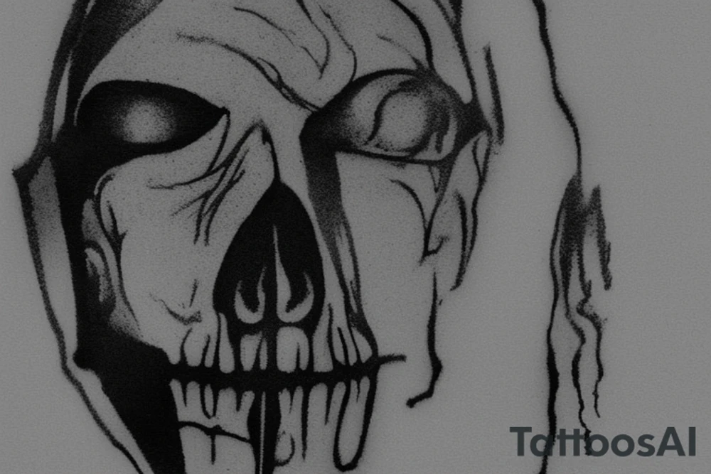 Picture a silhouette of a decaying human head or a distorted profile, almost skeletal in appearance. Within this morbid outline, there's a mirrored surface. This mirror captures a haunting, shadowy reflection of the face — a specter from another realm, its features barely recognizable, adding a chilling contrast to the main figure tattoo idea
