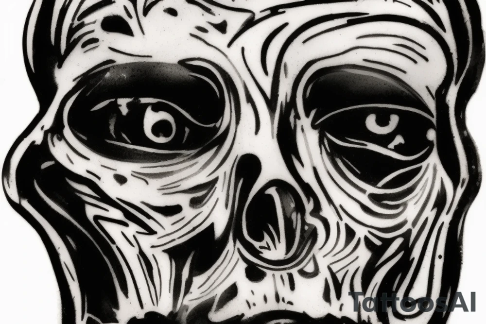 Picture a silhouette of a decaying human head or a distorted profile, almost skeletal in appearance. Within this morbid outline, there's a mirrored surface. This mirror captures a haunting, shadowy reflection of the face — a specter from another realm, its features barely recognizable, adding a chilling contrast to the main figure tattoo idea