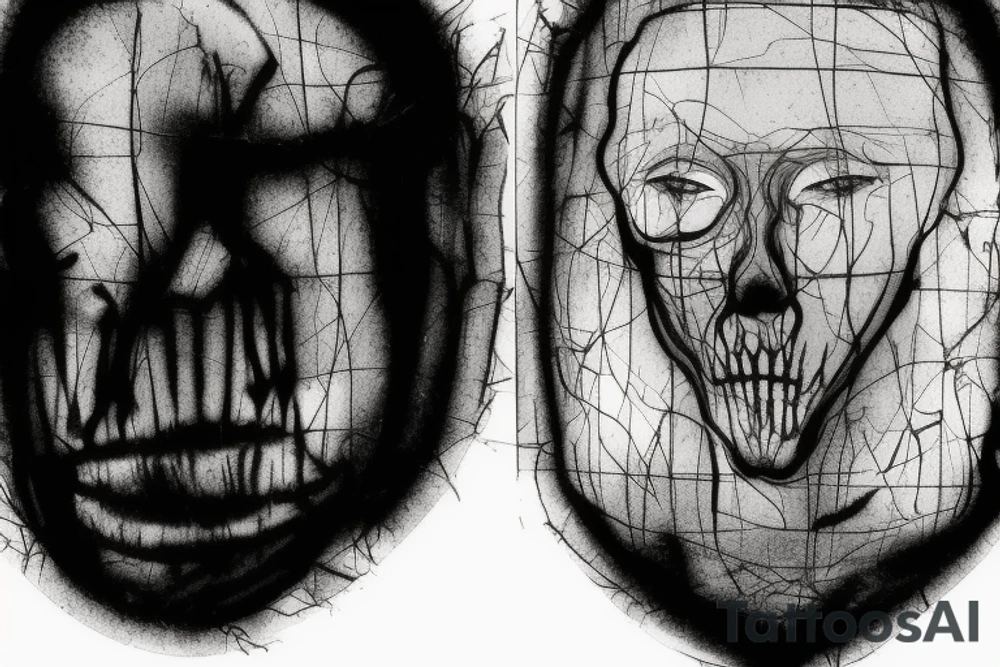 Picture a silhouette of a decaying human head or a distorted profile, almost skeletal in appearance. Within this morbid outline, there's a mirrored surface. This mirror captures a haunting, shadowy reflection of the face — a specter from another realm, its features barely recognizable, adding a chilling contrast to the main figure tattoo idea
