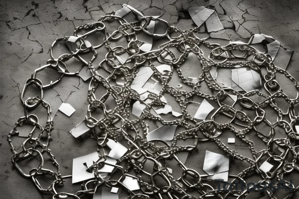 The concept revolves around a broken mirror surrounded by chains. The chains seem to be holding the shards together, symbolizing attempts to preserve memories or piece together a fractured soul. The thick, powerful chains frame the shattered mirror, adding an element of confinement or protection. This can reflect a desire to protect one's memories or experiences. Chains crisscross or intertwine over the surface of the shattered mirror, as if trying to bind or contain something within. The design intertwines the symbolism of brokenness and confinement, potentially reflecting personal history or feelings. tattoo idea