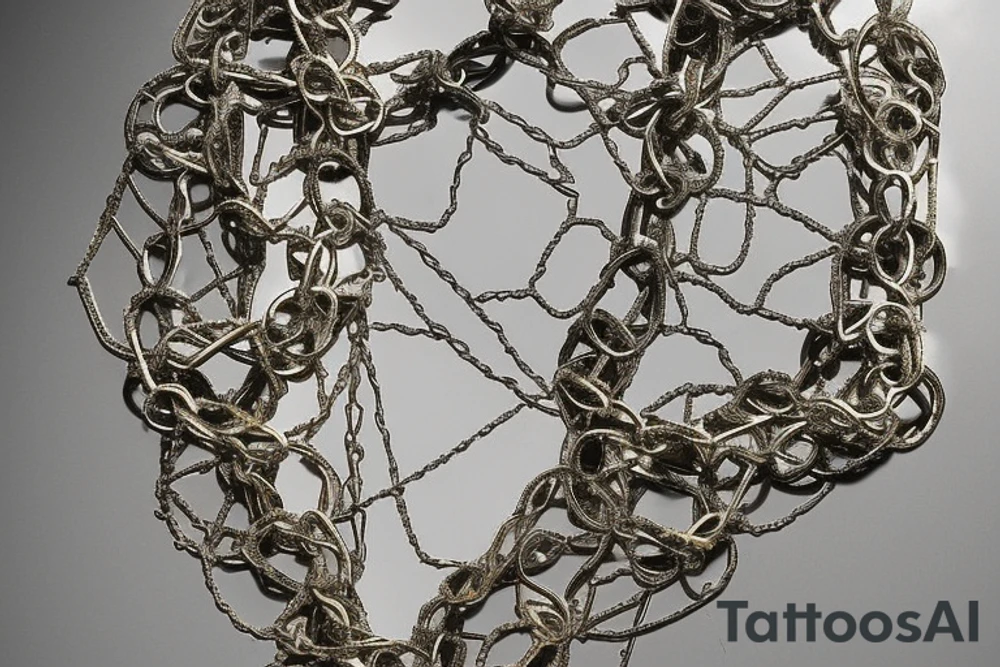 The concept revolves around a broken mirror surrounded by chains. The chains seem to be holding the shards together, symbolizing attempts to preserve memories or piece together a fractured soul. The thick, powerful chains frame the shattered mirror, adding an element of confinement or protection. This can reflect a desire to protect one's memories or experiences. Chains crisscross or intertwine over the surface of the shattered mirror, as if trying to bind or contain something within. The design intertwines the symbolism of brokenness and confinement, potentially reflecting personal history or feelings. tattoo idea