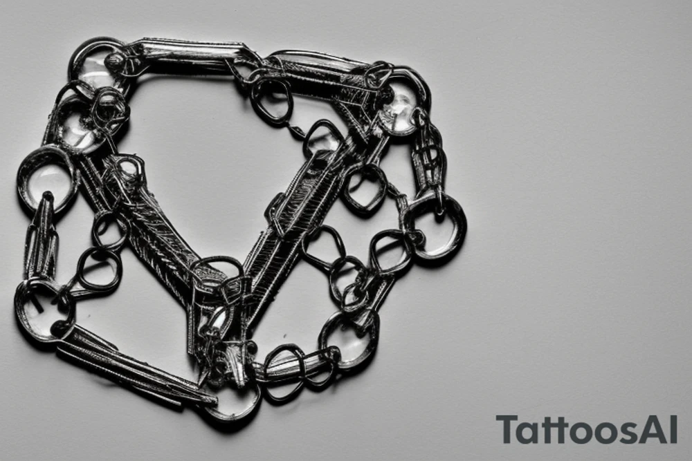 The concept revolves around a broken mirror surrounded by chains. The chains seem to be holding the shards together, symbolizing attempts to preserve memories or piece together a fractured soul. The thick, powerful chains frame the shattered mirror, adding an element of confinement or protection. This can reflect a desire to protect one's memories or experiences. Chains crisscross or intertwine over the surface of the shattered mirror, as if trying to bind or contain something within. The design intertwines the symbolism of brokenness and confinement, potentially reflecting personal history or feelings. tattoo idea