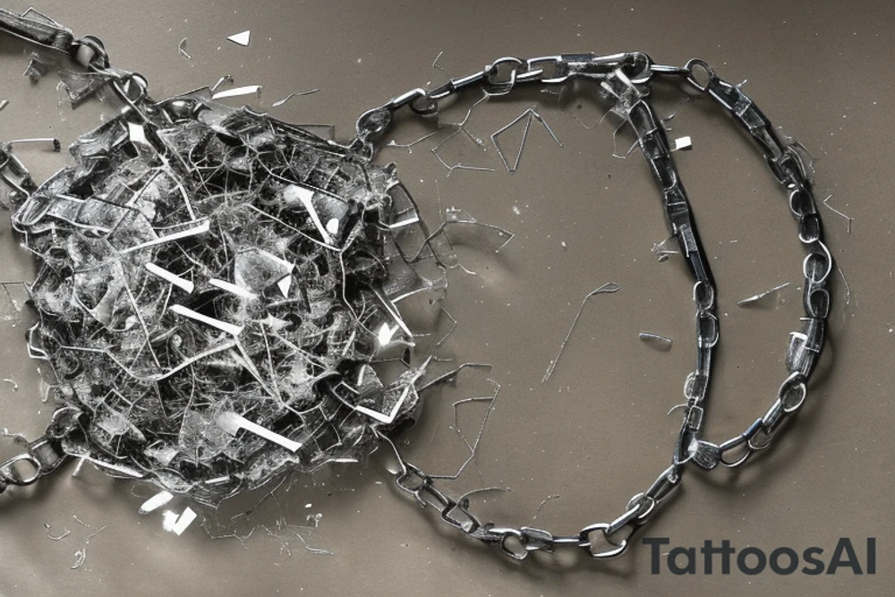 The concept revolves around a broken mirror surrounded by chains. The chains seem to be holding the shards together, symbolizing attempts to preserve memories or piece together a fractured soul. The thick, powerful chains frame the shattered mirror, adding an element of confinement or protection. This can reflect a desire to protect one's memories or experiences. Chains crisscross or intertwine over the surface of the shattered mirror, as if trying to bind or contain something within. The design intertwines the symbolism of brokenness and confinement, potentially reflecting personal history or feelings. tattoo idea