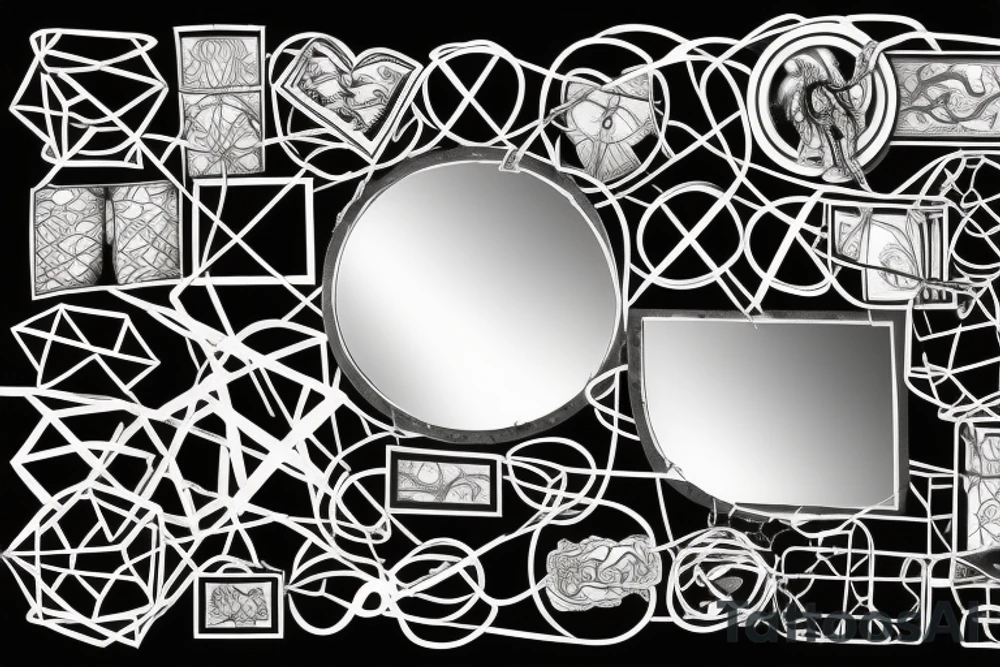 A broken mirror framed by chains, symbolizing attempts to hold together fragmented memories or a fractured soul. The intertwining chains suggest confinement and protection, reflecting personal experiences or emotions tattoo idea