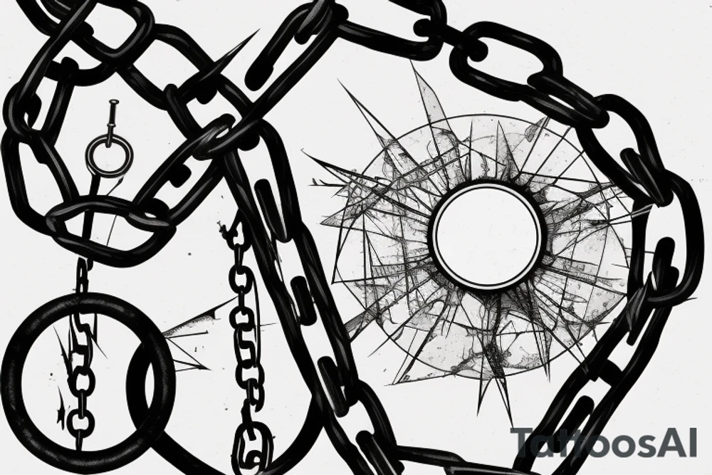 A broken mirror framed by chains, symbolizing attempts to hold together fragmented memories or a fractured soul. The intertwining chains suggest confinement and protection, reflecting personal experiences or emotions tattoo idea