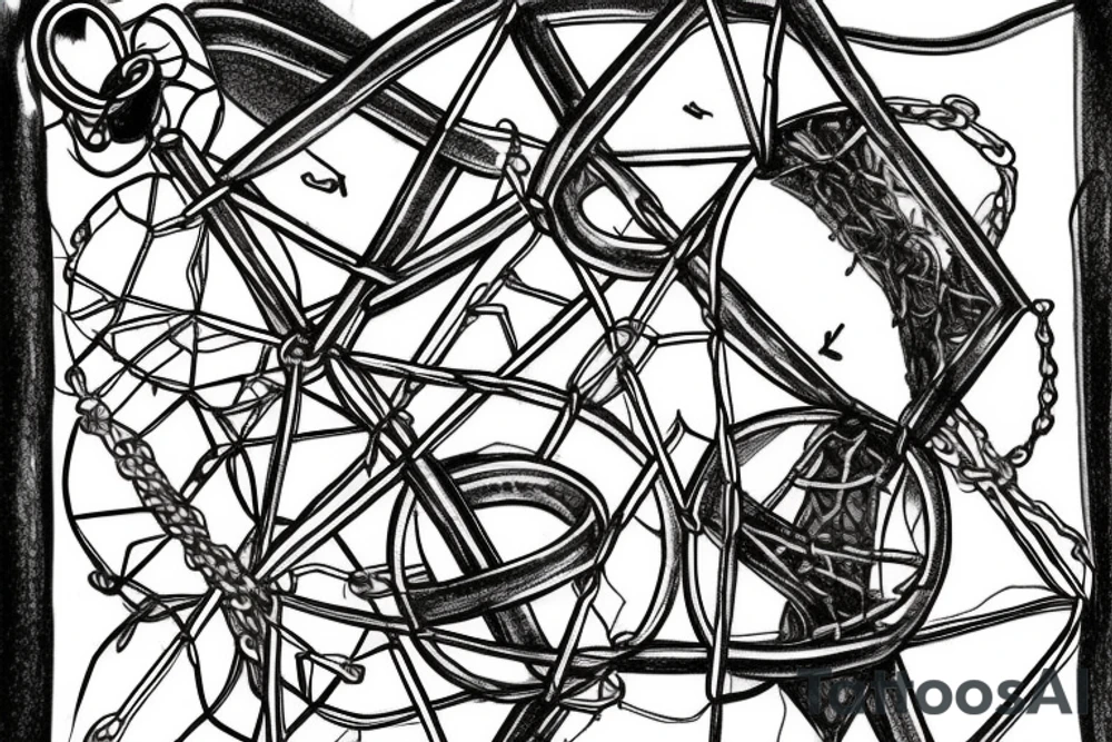 A broken mirror framed by chains, symbolizing attempts to hold together fragmented memories or a fractured soul. The intertwining chains suggest confinement and protection, reflecting personal experiences or emotions tattoo idea