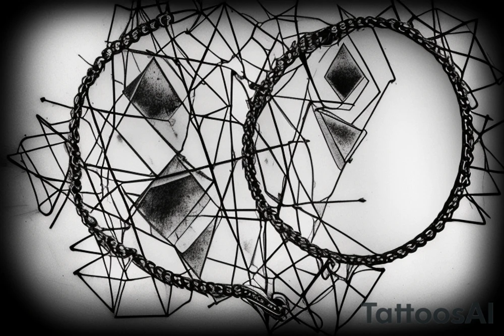 A broken mirror framed by chains, symbolizing attempts to hold together fragmented memories or a fractured soul. The intertwining chains suggest confinement and protection, reflecting personal experiences or emotions tattoo idea