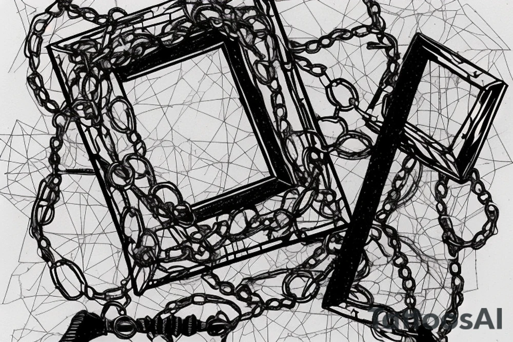 A broken mirror framed by chains, symbolizing attempts to hold together fragmented memories or a fractured soul. The intertwining chains suggest confinement and protection, reflecting personal experiences or emotions tattoo idea