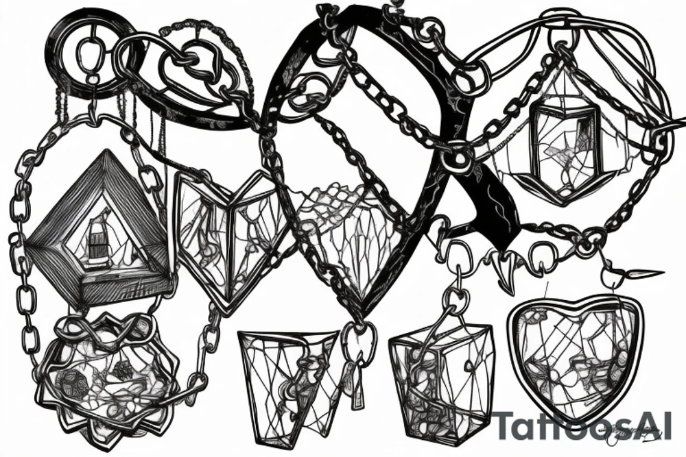 A broken mirror framed by chains, symbolizing attempts to hold together fragmented memories or a fractured soul. The intertwining chains suggest confinement and protection, reflecting personal experiences or emotions tattoo idea