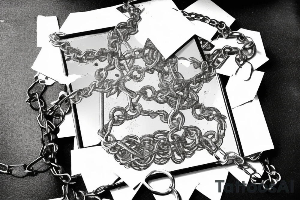A broken mirror framed by chains, symbolizing attempts to hold together fragmented memories or a fractured soul. The intertwining chains suggest confinement and protection, reflecting personal experiences or emotions tattoo idea