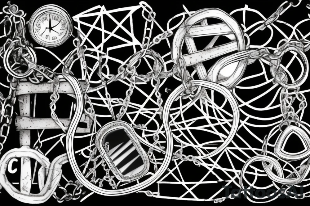 A broken mirror framed by chains, symbolizing attempts to hold together fragmented memories or a fractured soul. The intertwining chains suggest confinement and protection, reflecting personal experiences or emotions tattoo idea