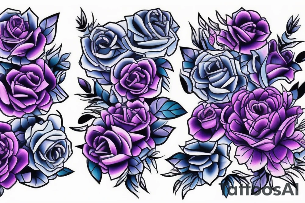 Purple and blue flowers rock and roll style tattoo idea