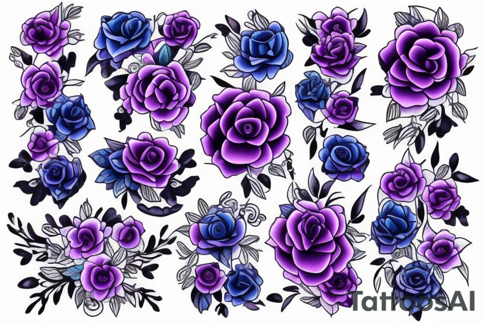 Purple and blue flowers rock and roll style tattoo idea