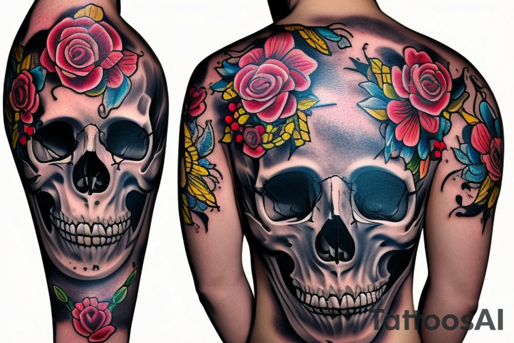 Flowers skull music tattoo idea