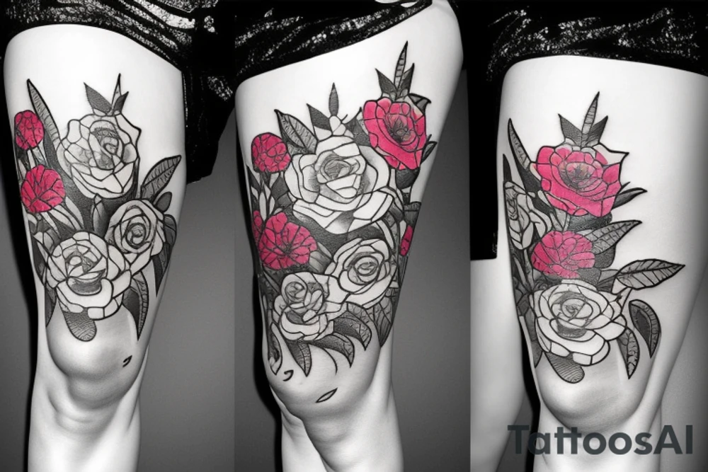 Rock and roll flowers leg tattoo idea