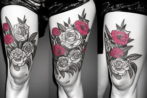 Rock and roll flowers leg tattoo idea