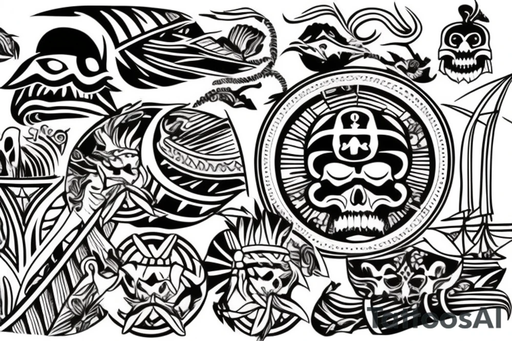 Design a tattoo inspired by the landscapes of Polynesian islands with a pirate ship tattoo idea