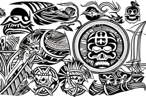 Design a tattoo inspired by the landscapes of Polynesian islands with a pirate ship tattoo idea