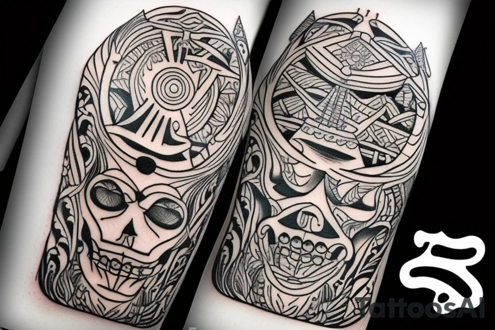 Design a tattoo inspired by the landscapes of Polynesian islands with a pirate ship tattoo idea