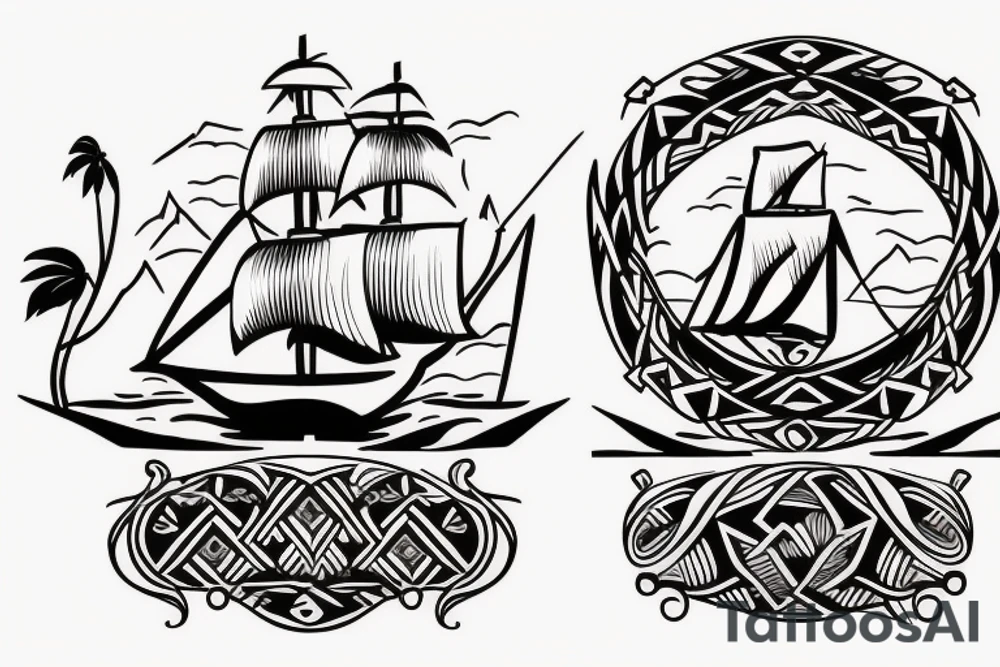 Design a tattoo inspired by the landscapes of Polynesian islands with a pirate ship tattoo idea