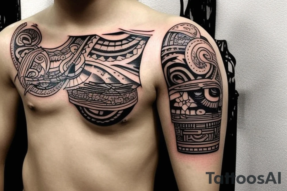 Design a tattoo inspired by the landscapes of Polynesian islands with a pirate ship tattoo idea