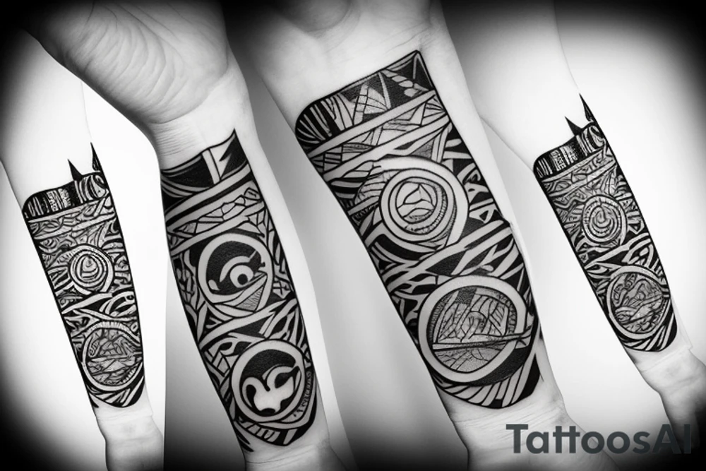Design a tattoo inspired by the landscapes of Polynesian islands with a pirate ship tattoo idea