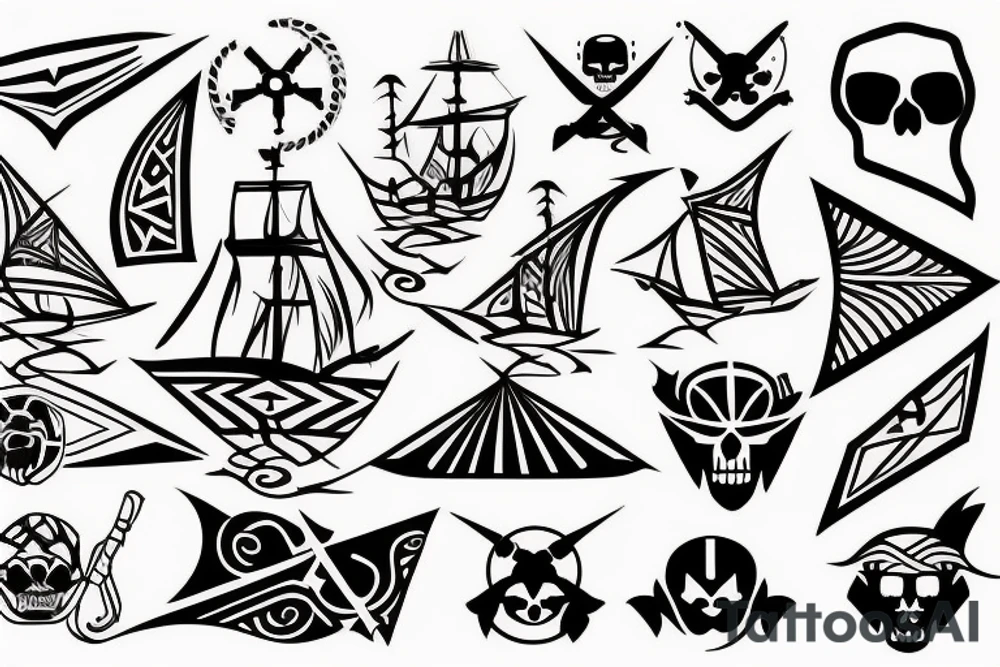 Design a tattoo inspired by the landscapes of Polynesian islands with a pirate ship. NOT a sleeve tattoo. tattoo idea