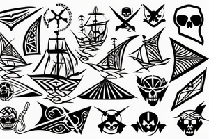 Design a tattoo inspired by the landscapes of Polynesian islands with a pirate ship. NOT a sleeve tattoo. tattoo idea