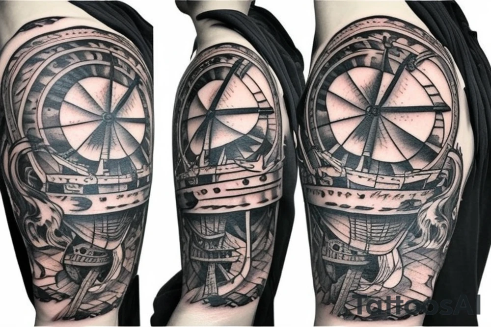 Create a pirate ship tattoo with intricate details and shading. tattoo idea