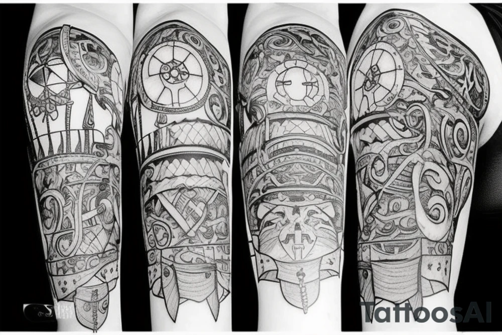 Create a pirate ship tattoo with intricate details and shading. tattoo idea