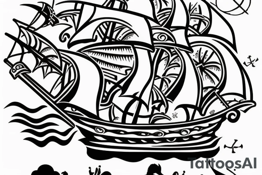 Create a pirate ship tattoo with intricate details and shading. tattoo idea