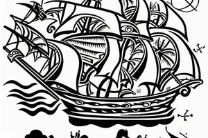Create a pirate ship tattoo with intricate details and shading. tattoo idea