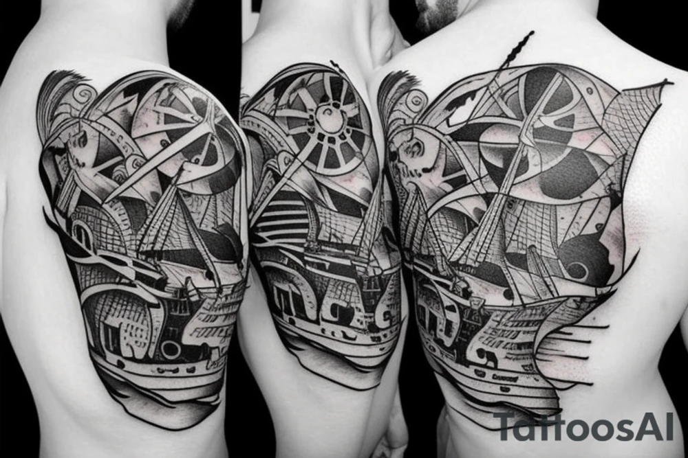 Create a pirate ship tattoo with intricate details and shading. tattoo idea