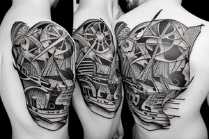 Create a pirate ship tattoo with intricate details and shading. tattoo idea