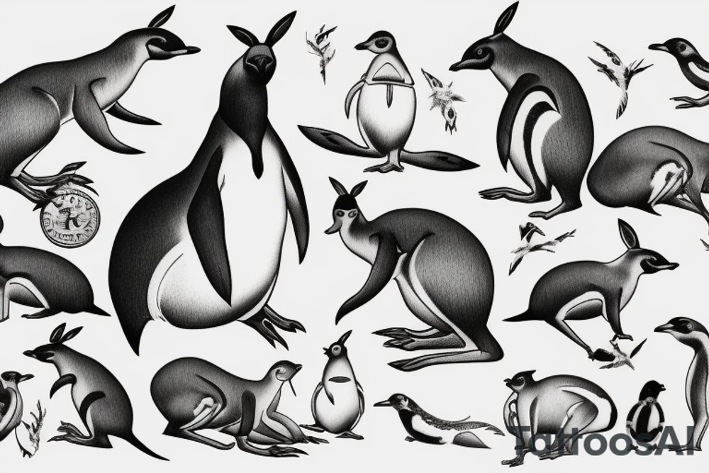 Design a tattoo showcasing the beauty of Australian wildlife, such as kangaroos and penguins tattoo idea