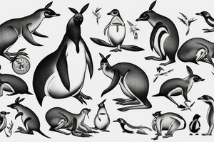 Design a tattoo showcasing the beauty of Australian wildlife, such as kangaroos and penguins tattoo idea