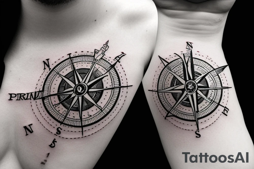 minimalistic compass in a pirate style with a post card stamp tattoo idea