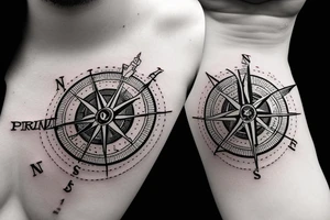 minimalistic compass in a pirate style with a post card stamp tattoo idea
