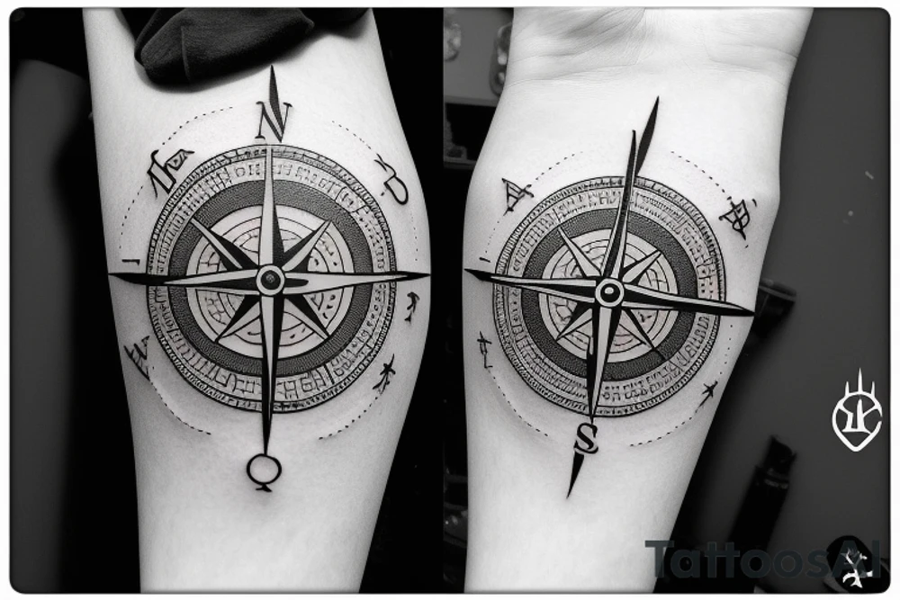 minimalistic compass in a pirate style with a post card stamp tattoo idea