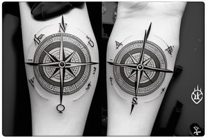 minimalistic compass in a pirate style with a post card stamp tattoo idea