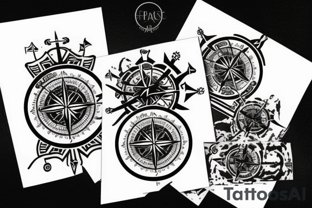 minimalistic compass in a pirate style with a post card stamp tattoo idea
