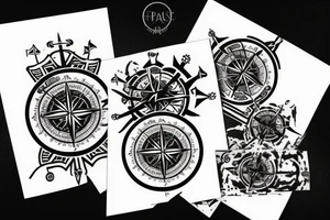 minimalistic compass in a pirate style with a post card stamp tattoo idea