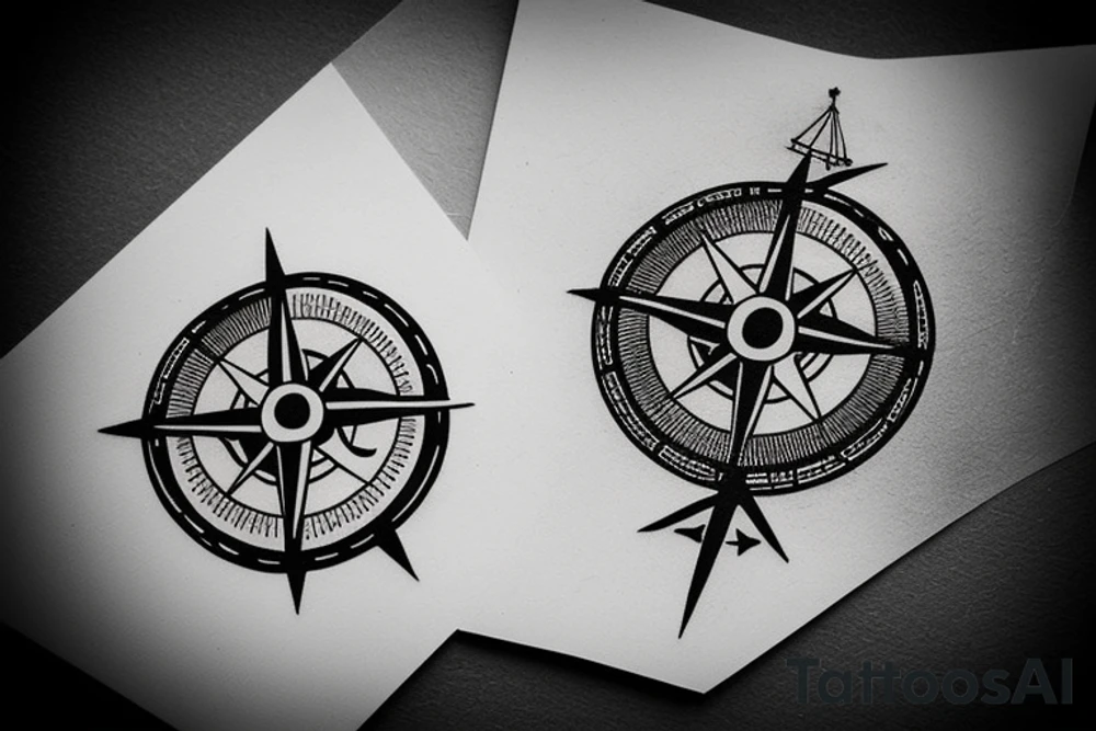 minimalistic compass in a pirate style with a post card stamp tattoo idea