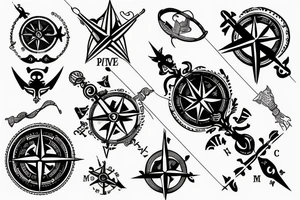 minimalistic compass in a pirate style with a post card stamp tattoo idea