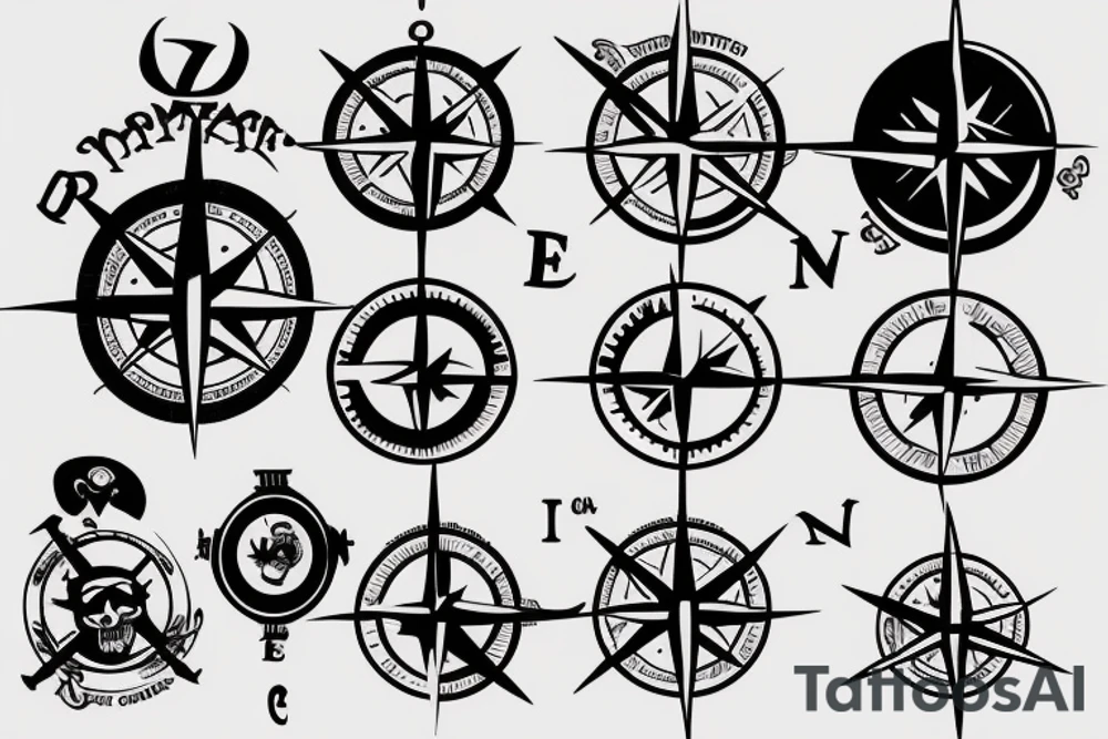 minimalistic compass in a pirate style with a post card stamp tattoo idea
