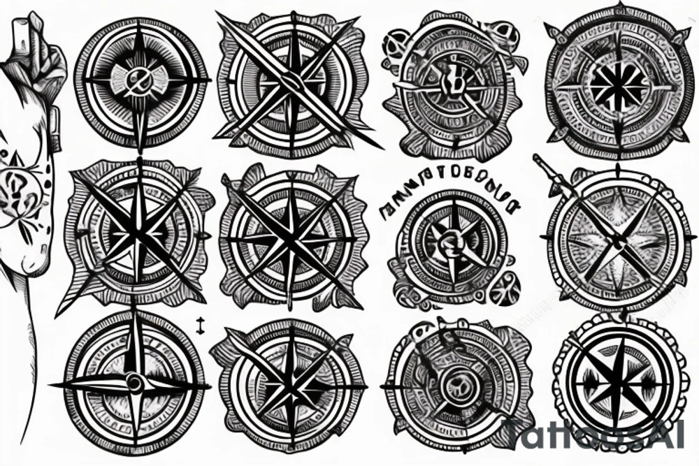 minimalistic compass in a pirate style with a post card stamp tattoo idea