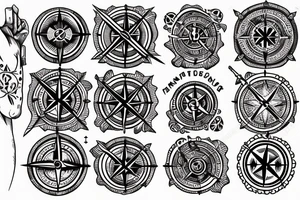 minimalistic compass in a pirate style with a post card stamp tattoo idea