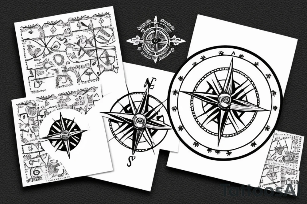 minimalistic compass in a pirate style with a post card stamp tattoo idea